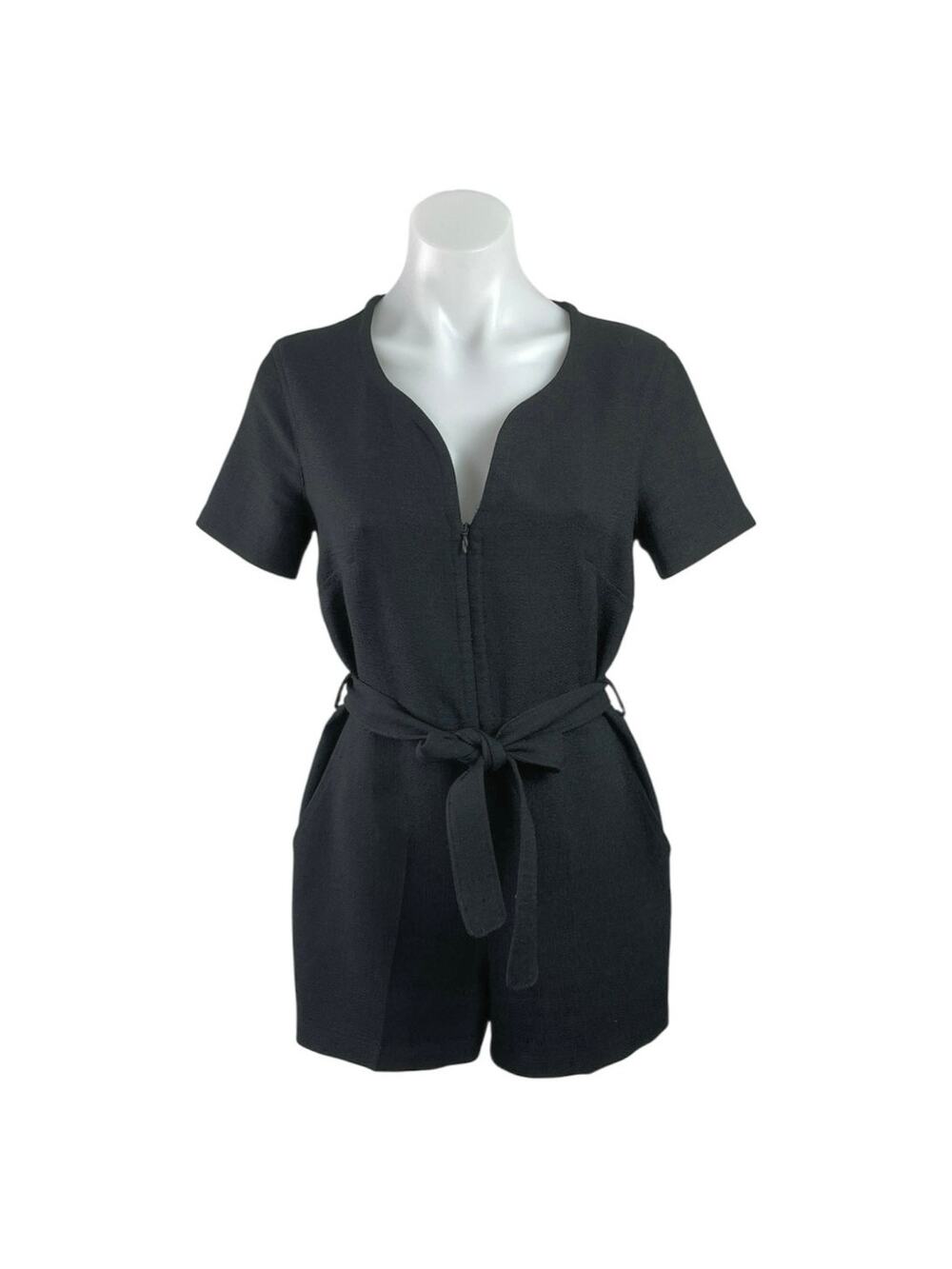 Club Monaco Black Short Sleeve Zip Up Tie Waist Playsuit Romper Shorts Size 2